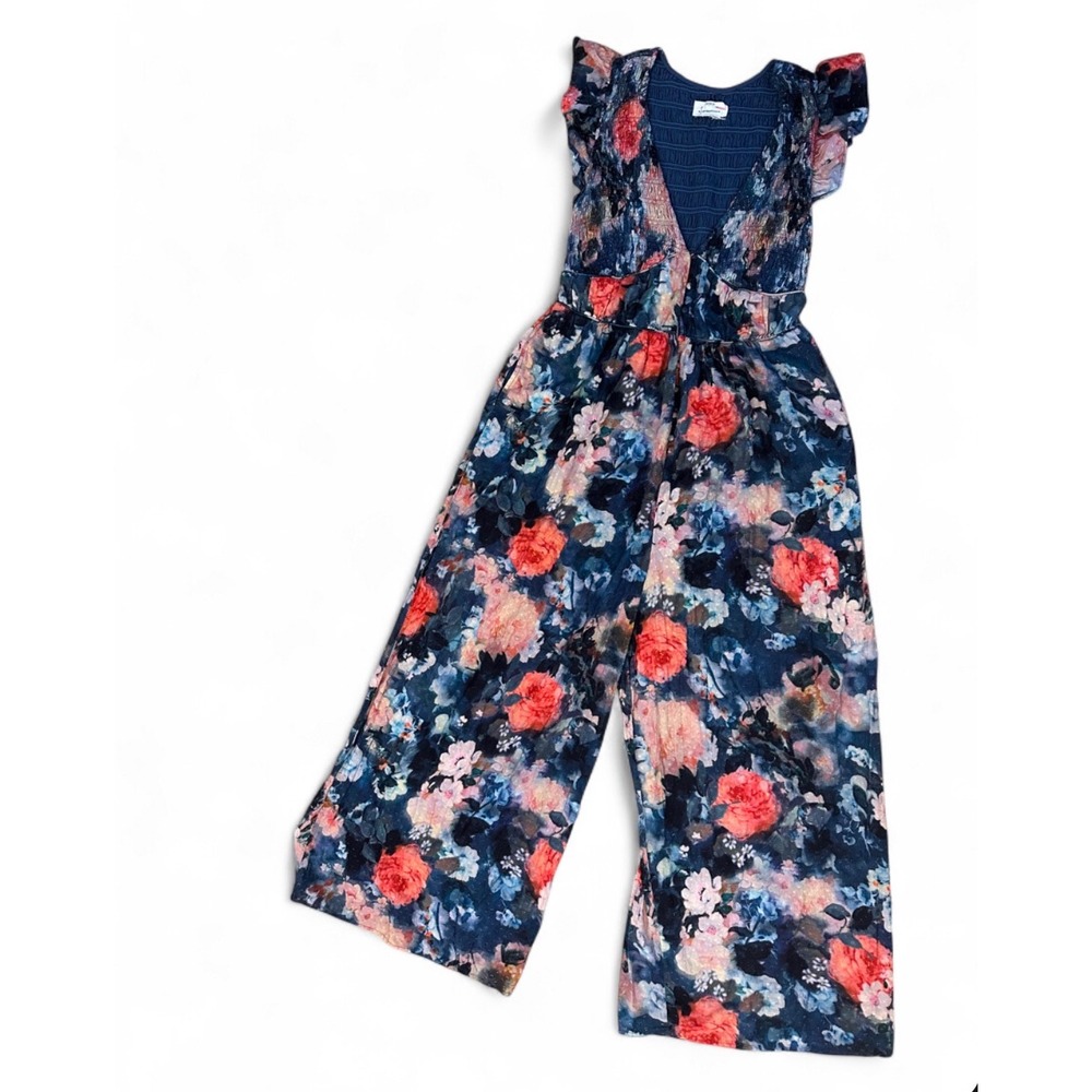 Anthropologie Floral Smocked Wide Leg Jumpsuit Navy Red Pink Flutter Sleeve M